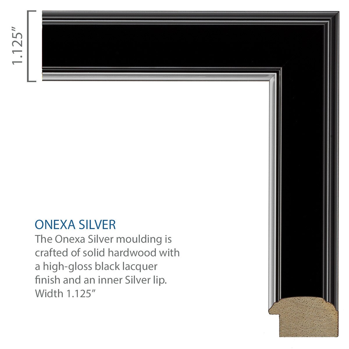 close up of Onexa silver frame moulding
